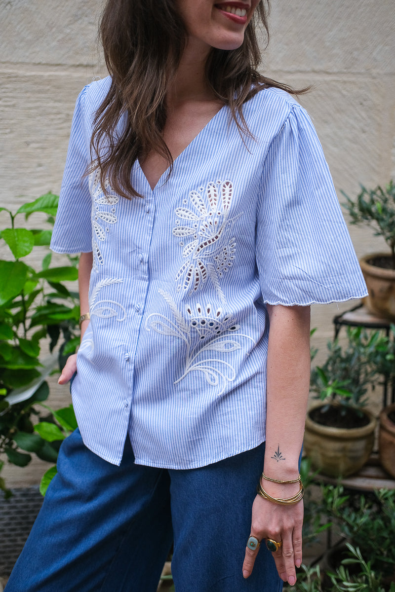 Blouse Miranda, couleur bleu, matière coton, rayures bleu ciel