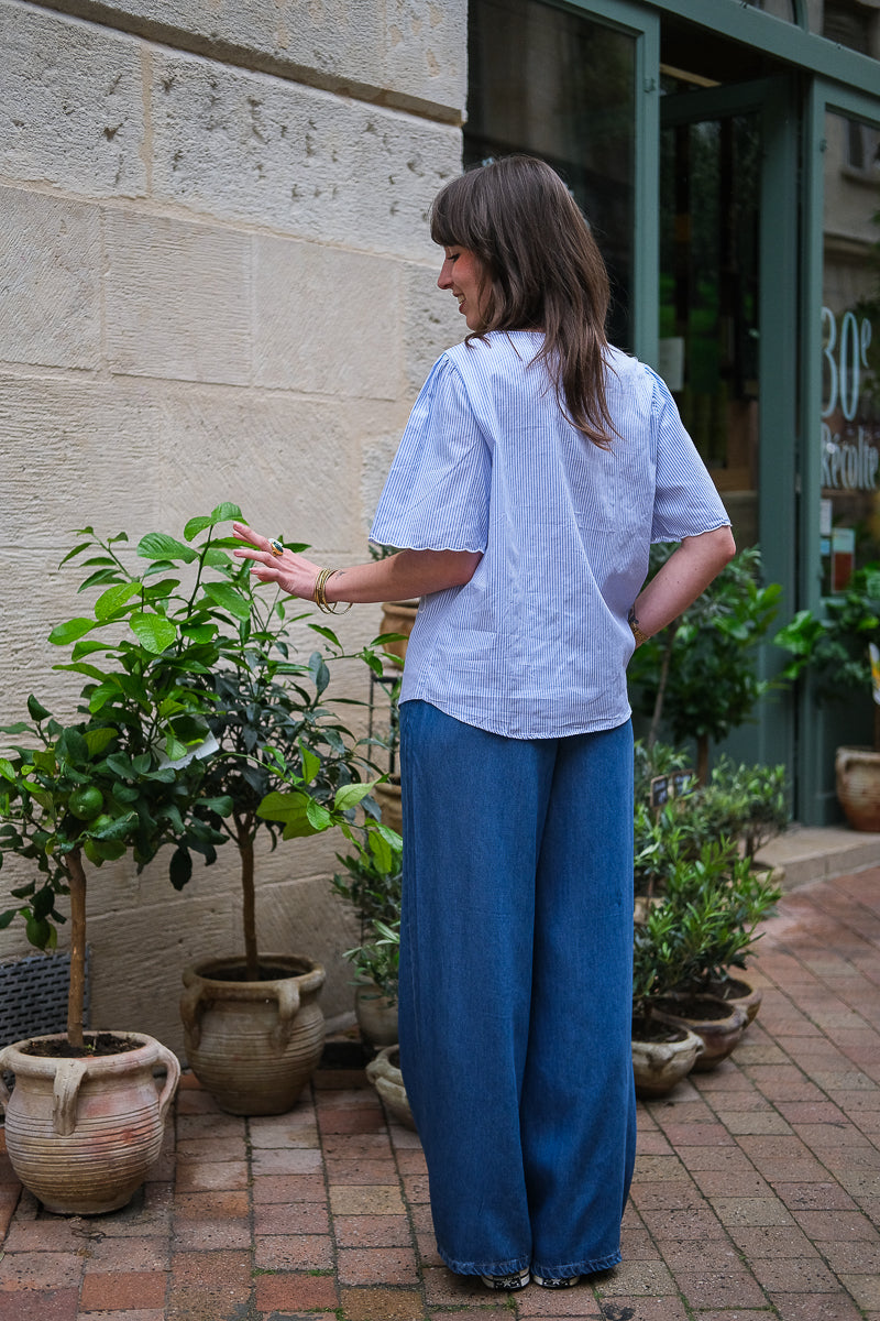 Blouse Miranda, couleur bleu, matière coton, rayures bleu ciel