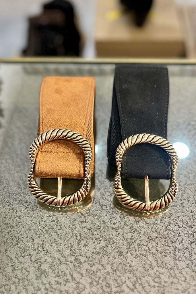 Ceinture Alma, 2 coloris : noir et camel, taille unique et élastique, boucle dorée fantaisie