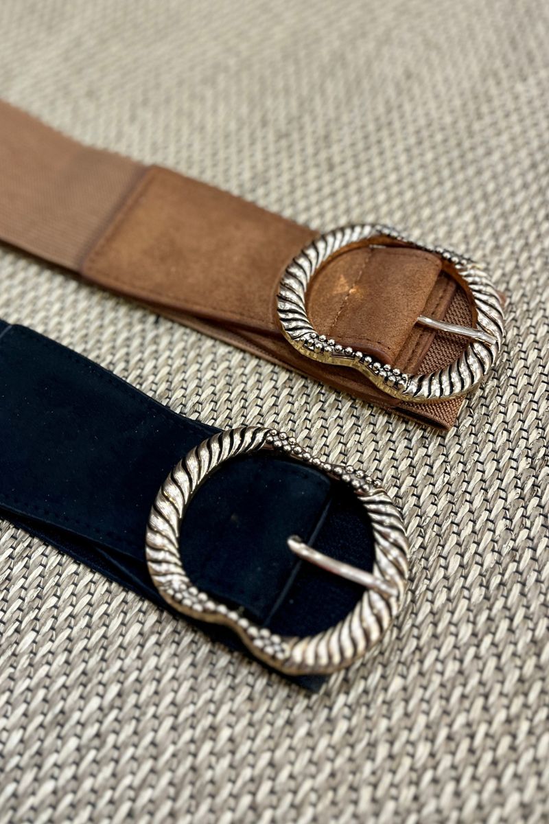Ceinture Alma, 2 coloris : noir et camel, taille unique et élastique, boucle dorée fantaisie