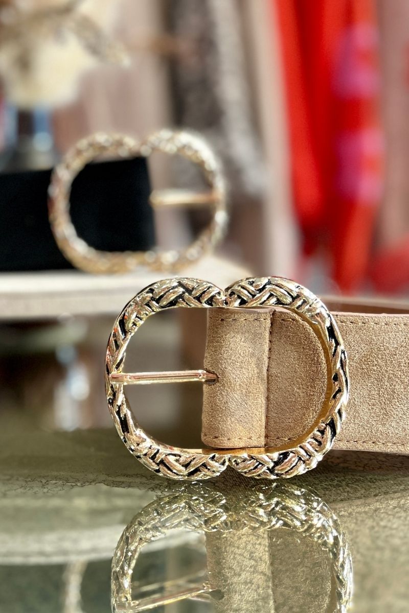Ceinture Nina, 2 coloris : beige et noir, boucle fantaisie en acier inoxydable, taille unique et taille élastique