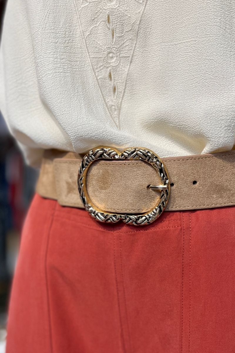 Ceinture Nina, 2 coloris : beige et noir, boucle fantaisie en acier inoxydable, taille unique et taille élastique