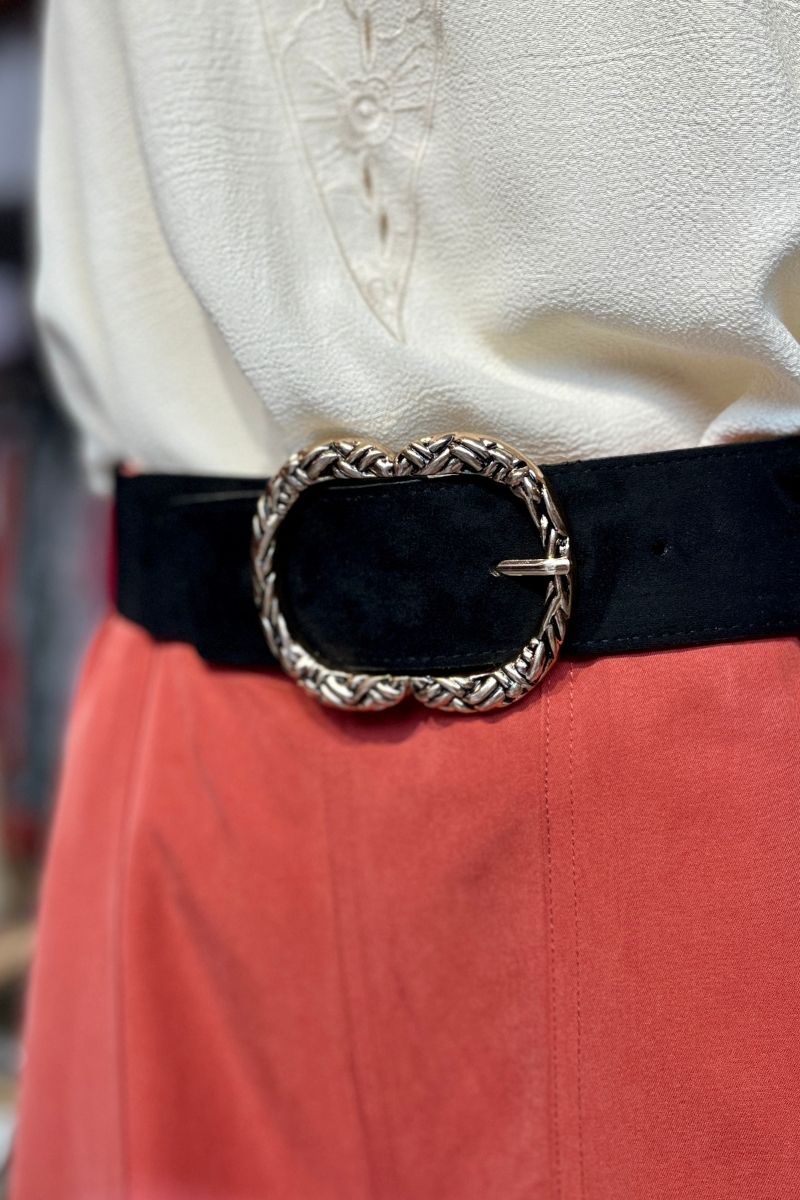 Ceinture Nina, 2 coloris : beige et noir, boucle fantaisie en acier inoxydable, taille unique et taille élastique