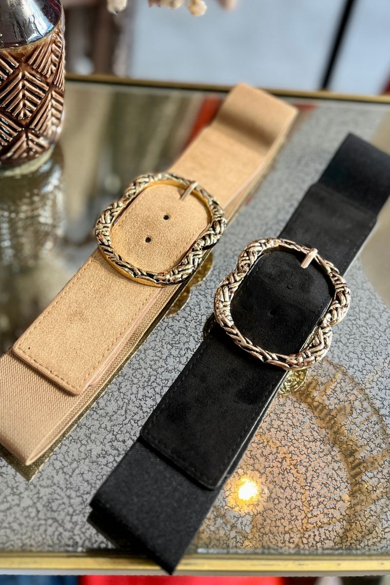 Ceinture Nina, 2 coloris : beige et noir, boucle fantaisie en acier inoxydable, taille unique et taille élastique