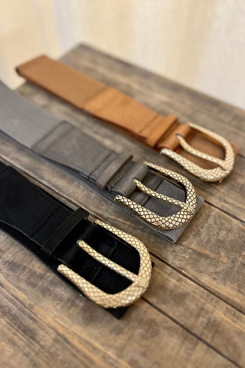 Ceinture Paola, taille élastique, taille unique, boucle fantaisie dorée, 3 coloris : camel, gris et noir