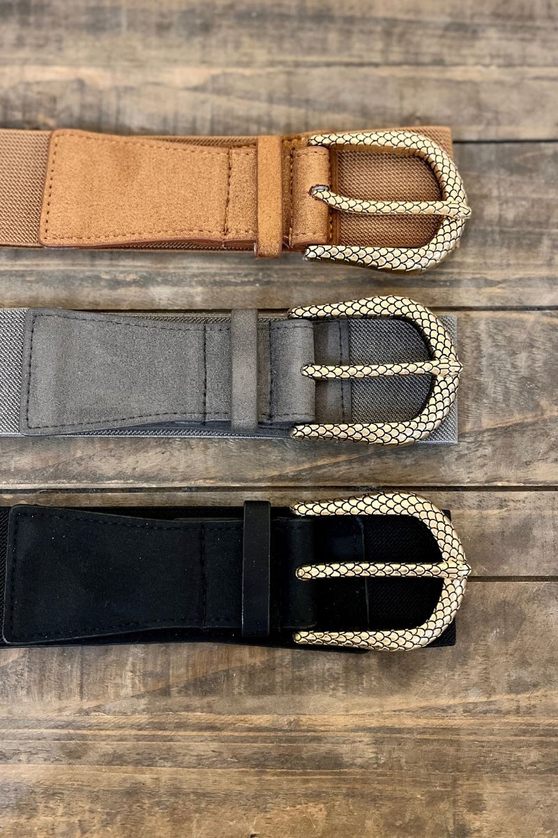 Ceinture Paola, taille élastique, taille unique, boucle fantaisie dorée, 3 coloris : camel, gris et noir
