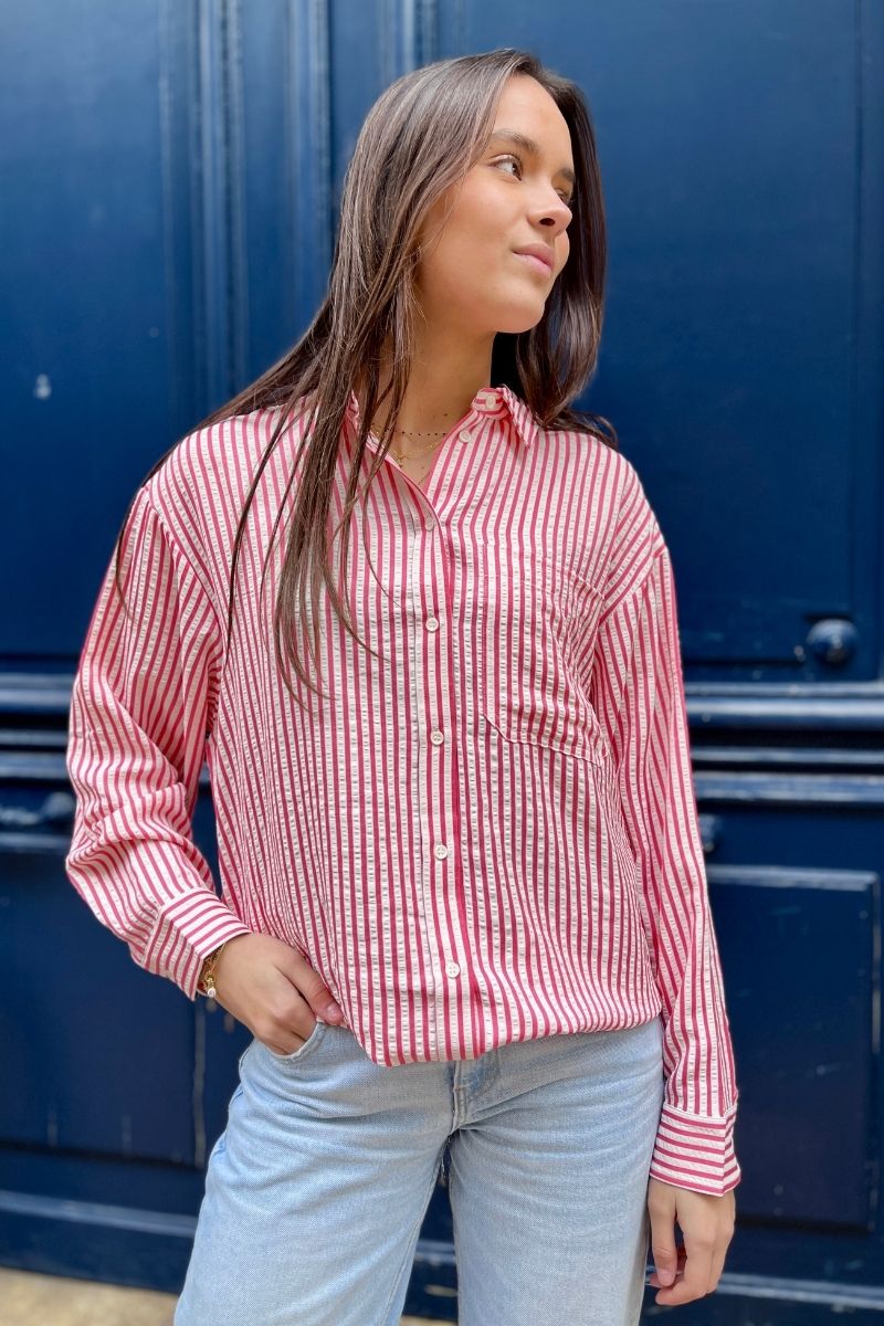 Chemise Ihestra, couleur rose, marque Ichi, col chemise, motifs rayures