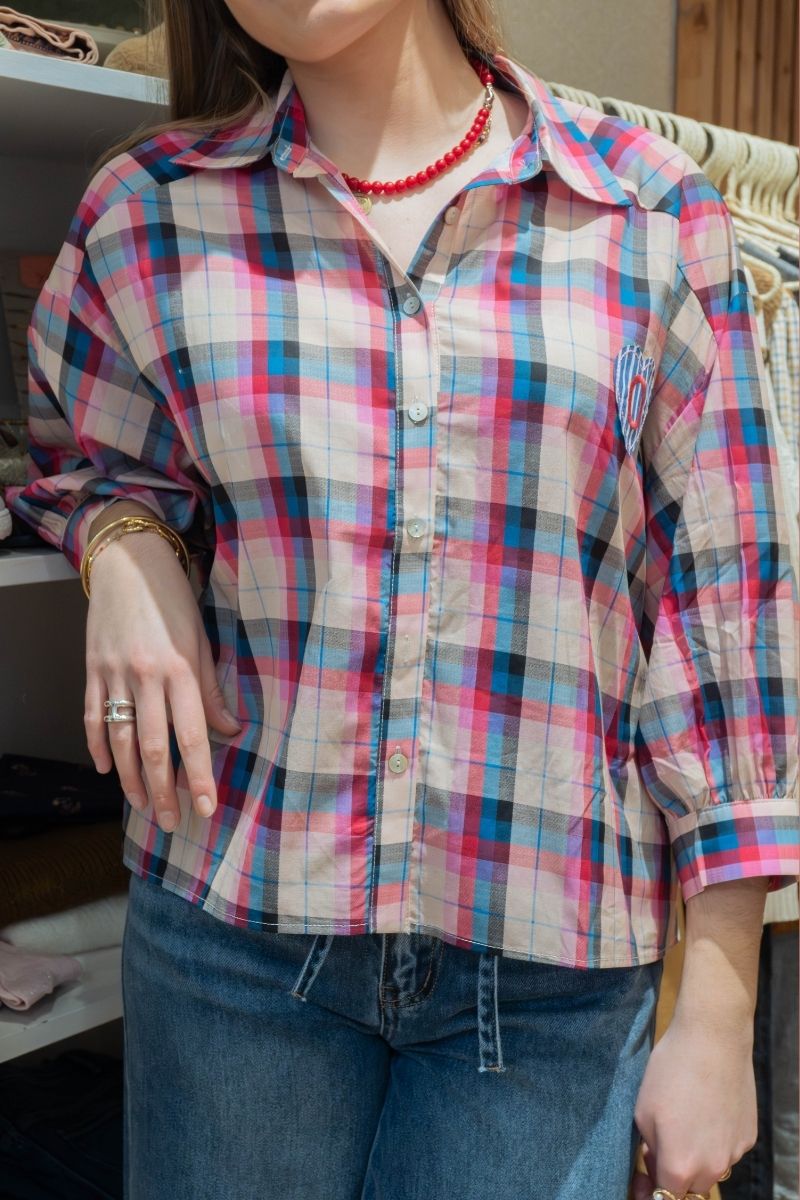 Chemise Cassilde, marque Orfeo, couleur bleu, motifs carreaux