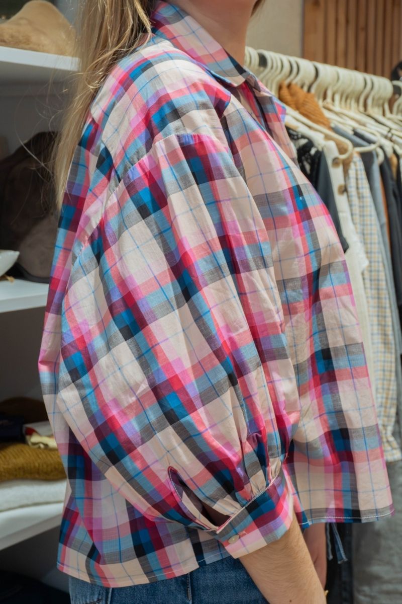 Chemise Cassilde, marque Orfeo, couleur bleu, motifs carreaux