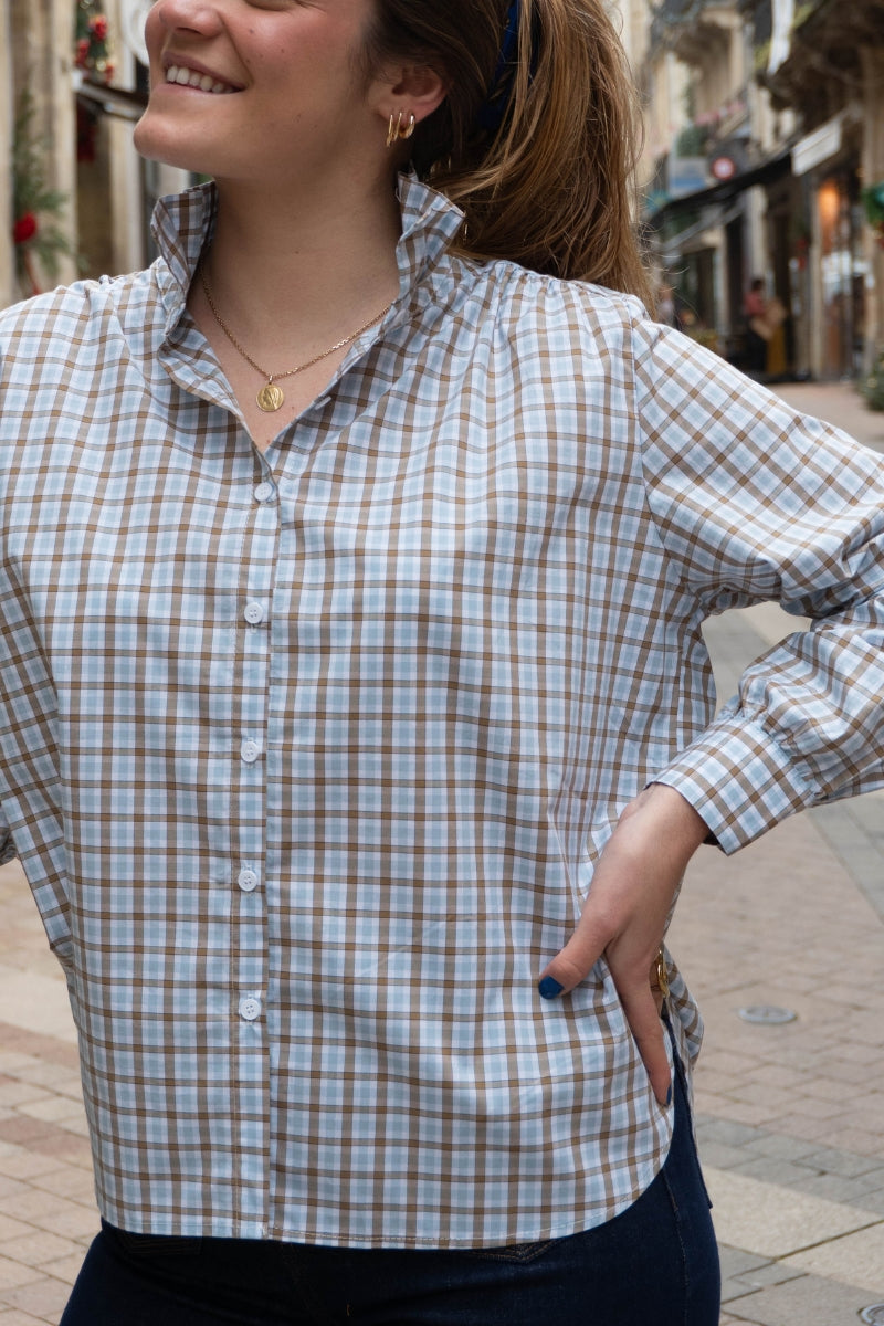 Chemise Gabrielle, motifs carreaux, couleur bleu ciel, matière coton
