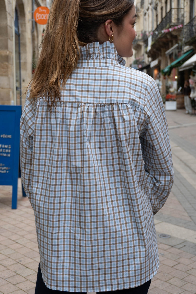 Chemise Gabrielle, motifs carreaux, couleur bleu ciel, matière coton
