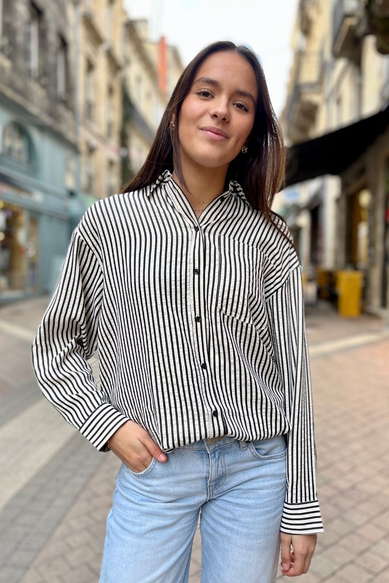Chemise Ihestra, couleur noir, motifs rayures, marque Ichi