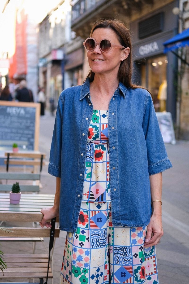 Chemise Objframe, couleur bleu, matière jean fluide, manches courtes, marque Object
