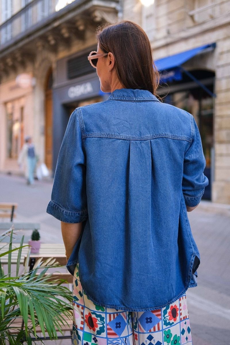 Chemise Objframe, couleur bleu, matière jean fluide, manches courtes, marque Object