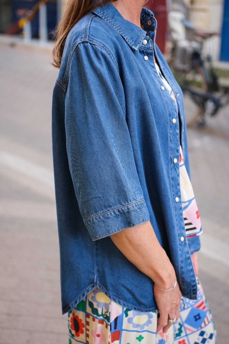 Chemise Objframe, couleur bleu, matière jean fluide, manches courtes, marque Object