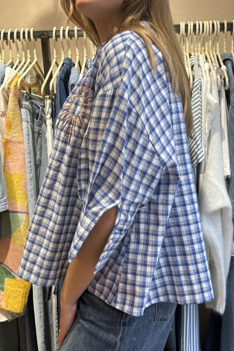 Chemise Simone, couleur bleu, marque Orfeo, manches 3/4, matière coton