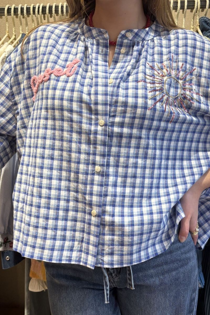 Chemise Simone, couleur bleu, marque Orfeo, manches 3/4, matière coton