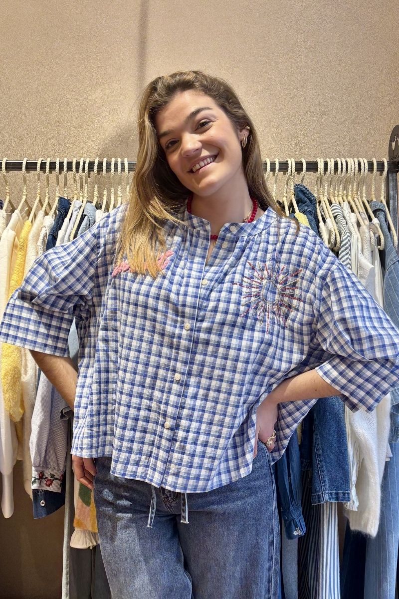 Chemise Simone, couleur bleu, marque Orfeo, manches 3/4, matière coton