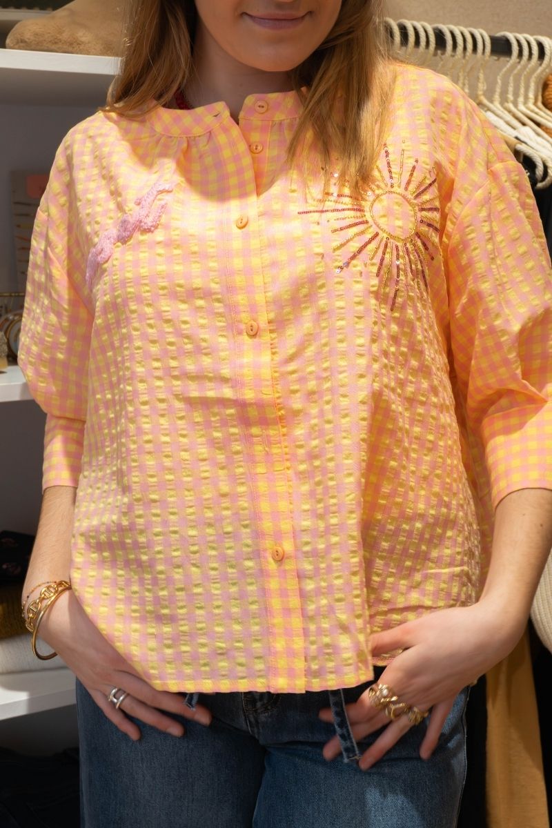 Chemise Simone, couleur rose et jaune, marque Orfeo, matière coton