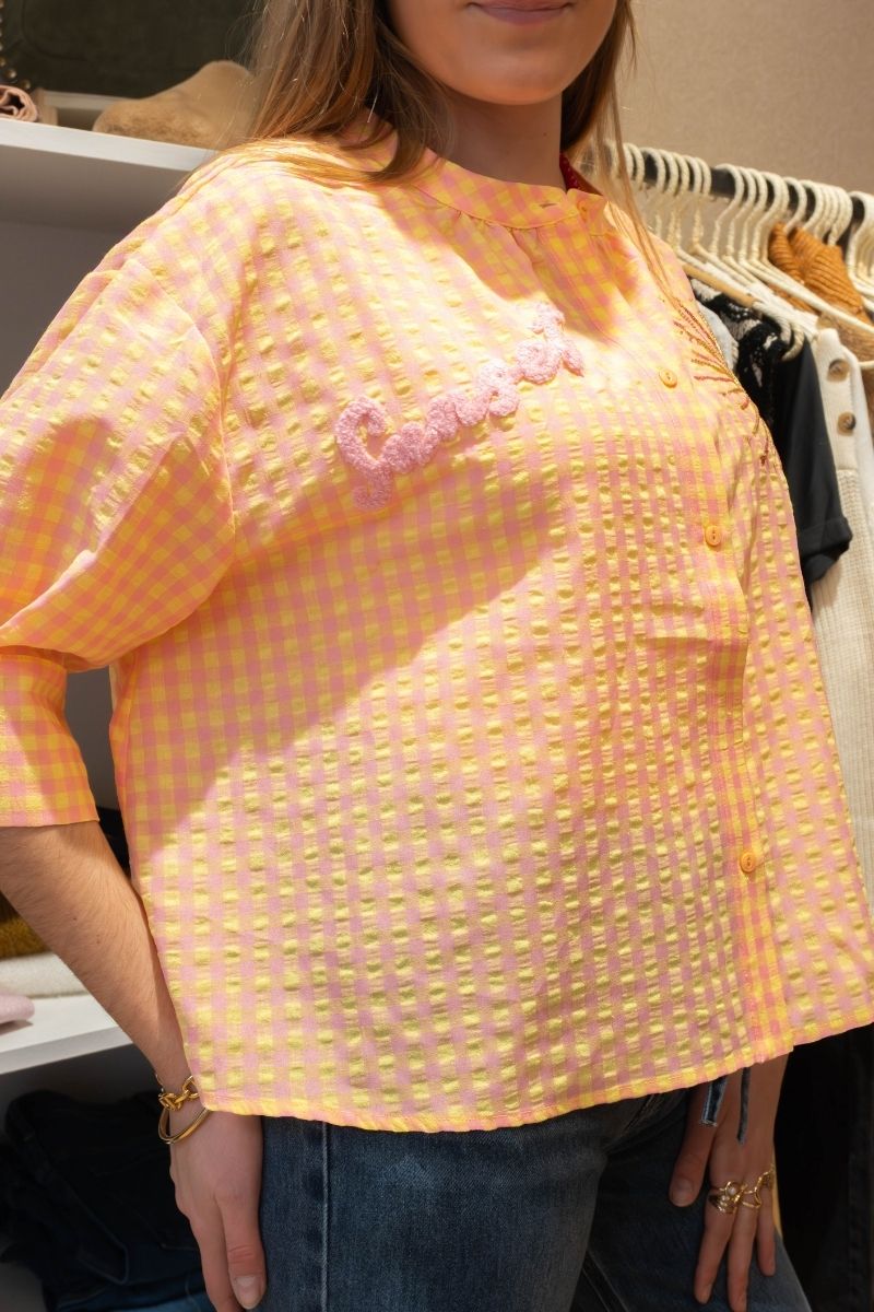 Chemise Simone, couleur rose et jaune, marque Orfeo, matière coton