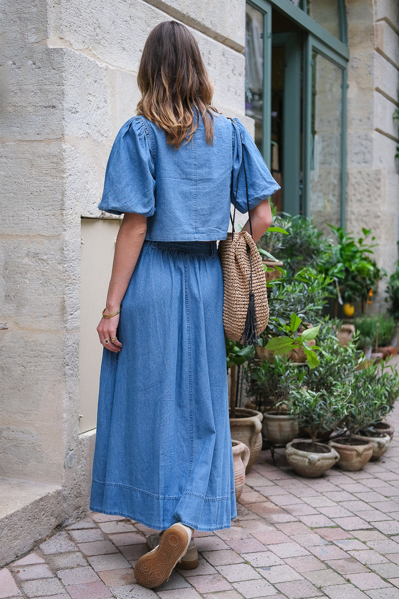 Jupe Roudelila, couleur bleu, matière jean, marque Vila