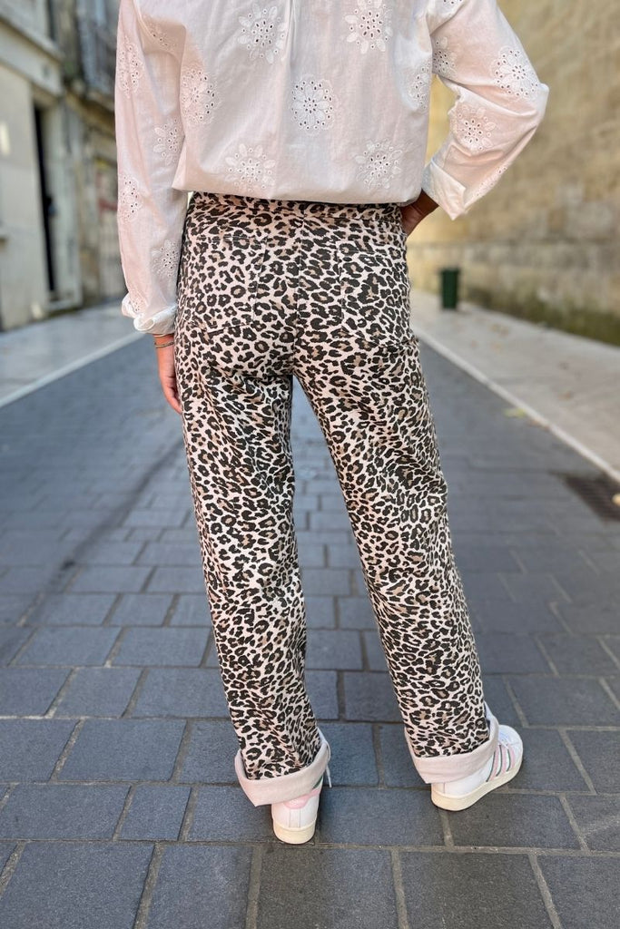 Pantalon Ixjilla, motif leopard, marque Ichi, couleur beige et marron