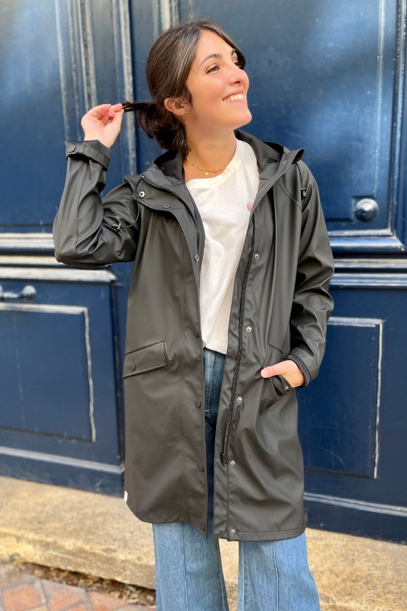 Parka Ihtazi, couleur noir, marque Ichi, mi longue, capuche non amovible