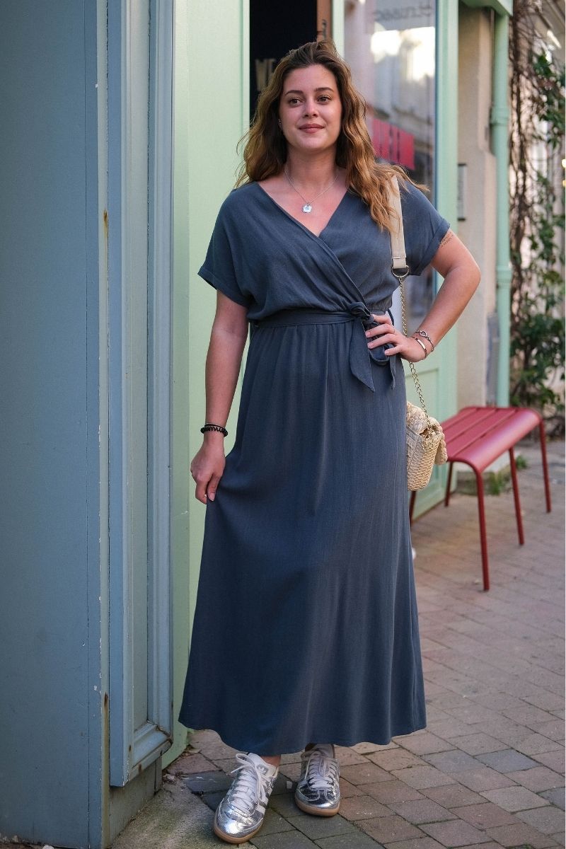 Robe Pollen, couleur bleu canard, robe longue, manches courtes, marque Grace & Mila