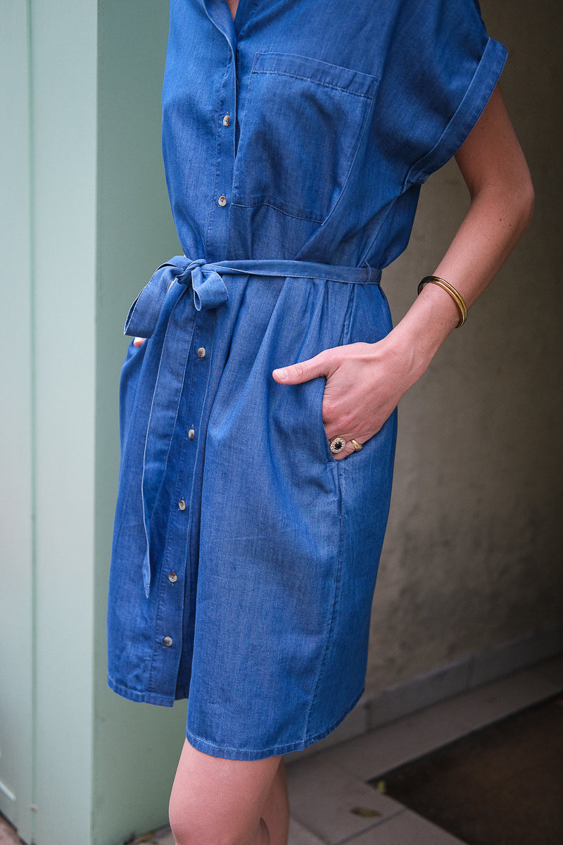 Robe Vinori, couleur bleu, marque Vila, manches courtes, matière tencel
