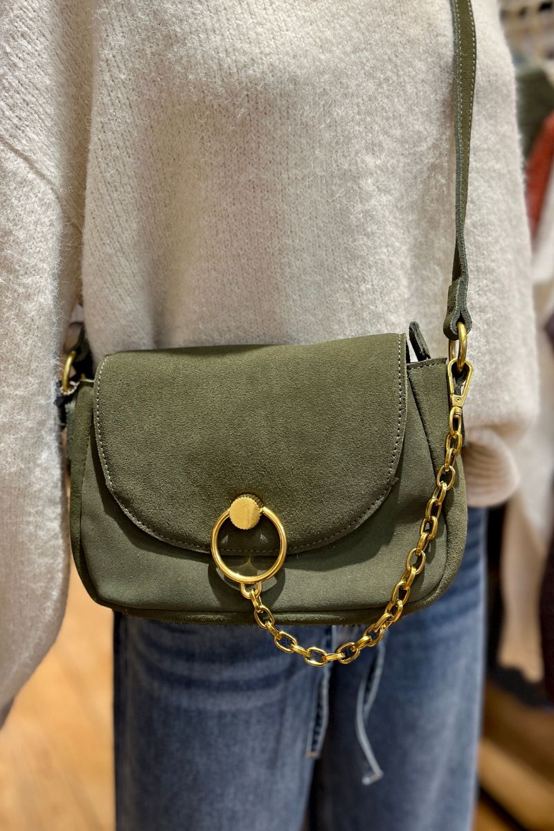 Sac Daphné, couleur kaki et noir, matière cuir