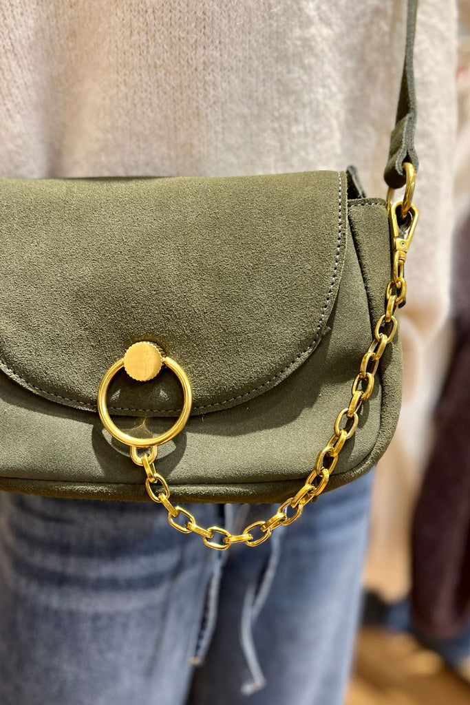 Sac Daphné, couleur kaki et noir, matière cuir