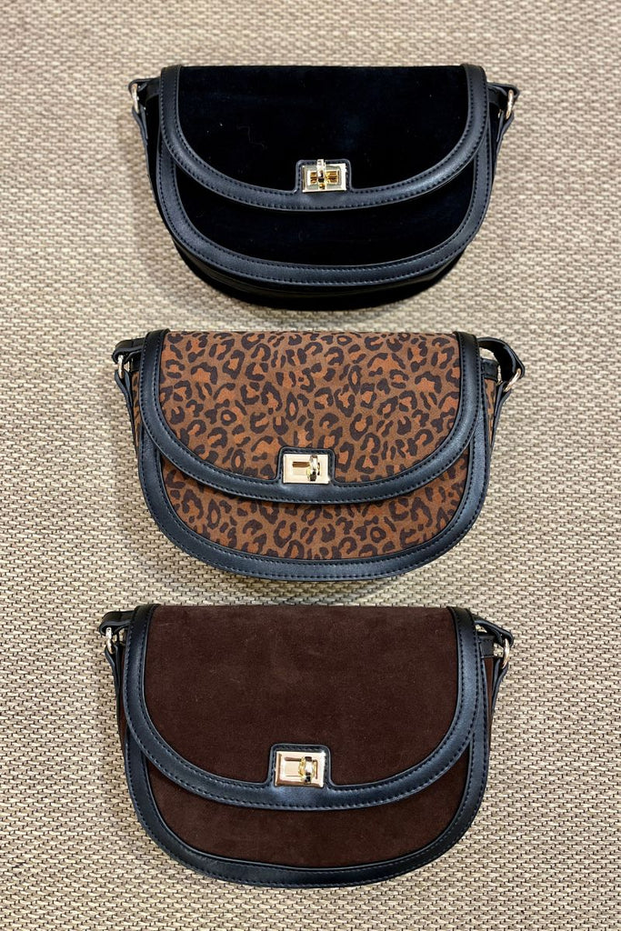 Sac Léona, 3 coloris : noir, léopard et marron, matière cuir, bandoulière réglable