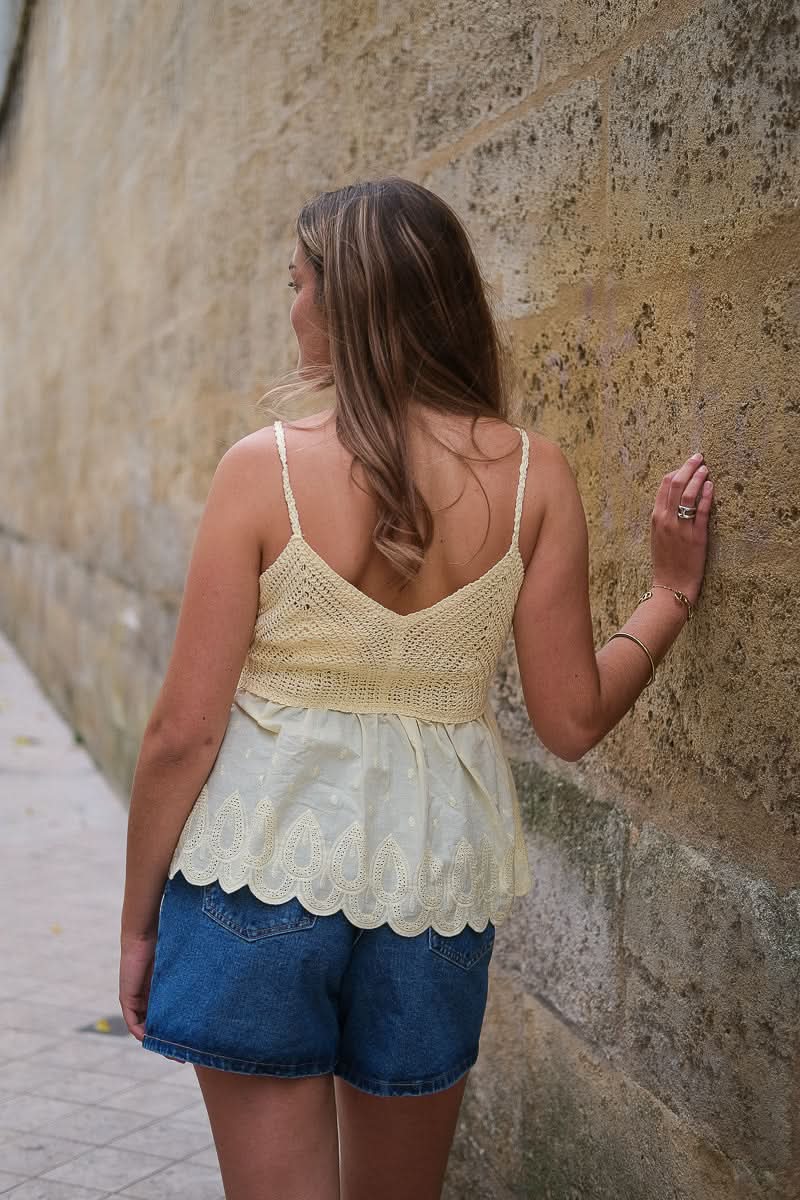 Top crochet • Jaune pastel • Broderie anglaise • Bohème romantique